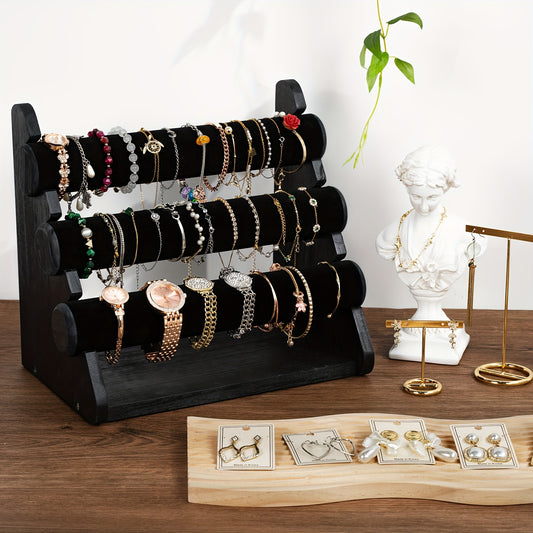 Triple Bracelet Holder Wooden Jewelry Display Stand Watch Bangle Bar Necklace Storage Organizer Bangle Scrunchie Organizer Holder for Store, Showcase and Home Storage