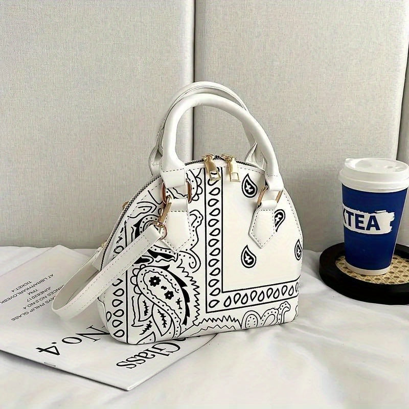 Women's Floral Paisley Mini Dome Bag - Stylish PU Leather Crossbody & Shoulder Handbag With Zipper, Elegant Purse For Daily Use