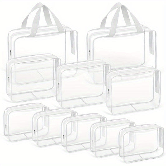 10 PCS Clear Travel Makeup Toiletry Bag, Plastic PVC Cosmetic TSA Approved Organizer Kit with Zipper Handbag（White）