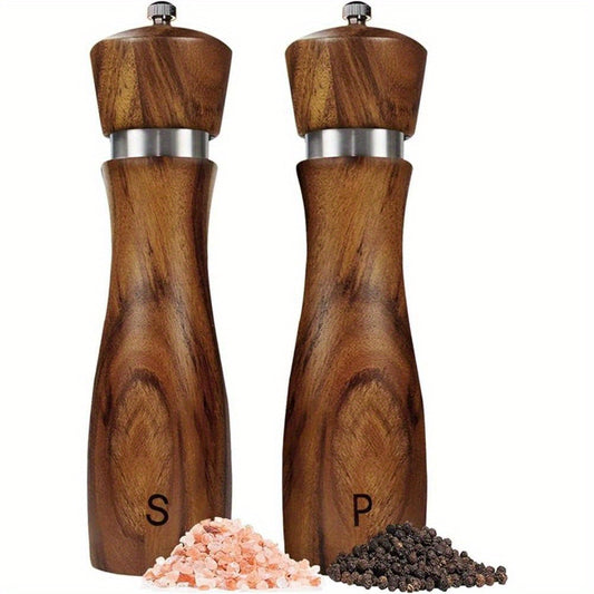2 Pack Salt and Pepper Grinder Set, Acacia Wood Salt Shaker with Ceramic/Stainless Steel Core, Modern and Elegant Wooden Salt and Pepper Set