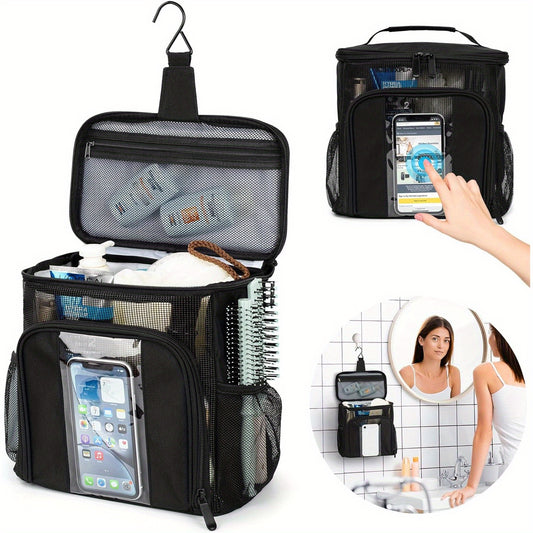 Water-Resistant Nylon Shower Caddy with Phone Pouch - Spacious Toiletry Bag for College Dorm Room Essentials, Transparent Front Pocket, Portable Cleaning Organizer - Unscented and Easy to Clean
