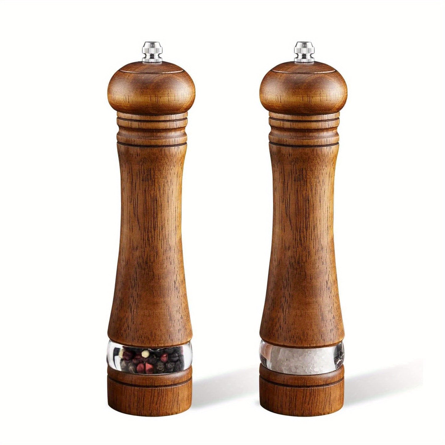 Wood Salt and Pepper Grinder Mills Sets, Classic Manual Salt Grinder Refillable Pepper Mill Sets with Acrylic Visible Window Adjustable Ceramic Grinding Rotor 8 inch 2 Pack