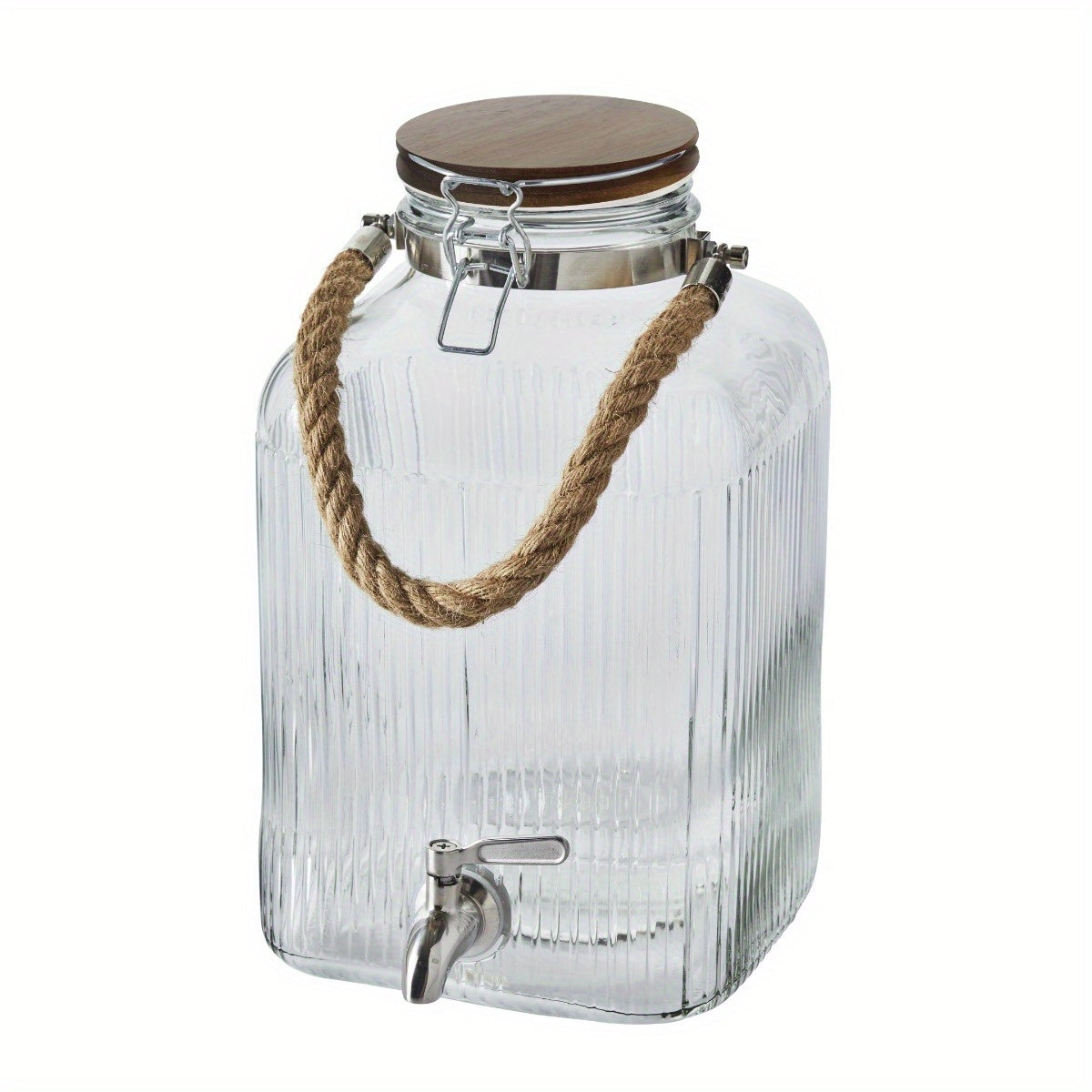 2 Gallon Ribbed Clear Glass Beverage Dispenser with Acacia Wooden Lid