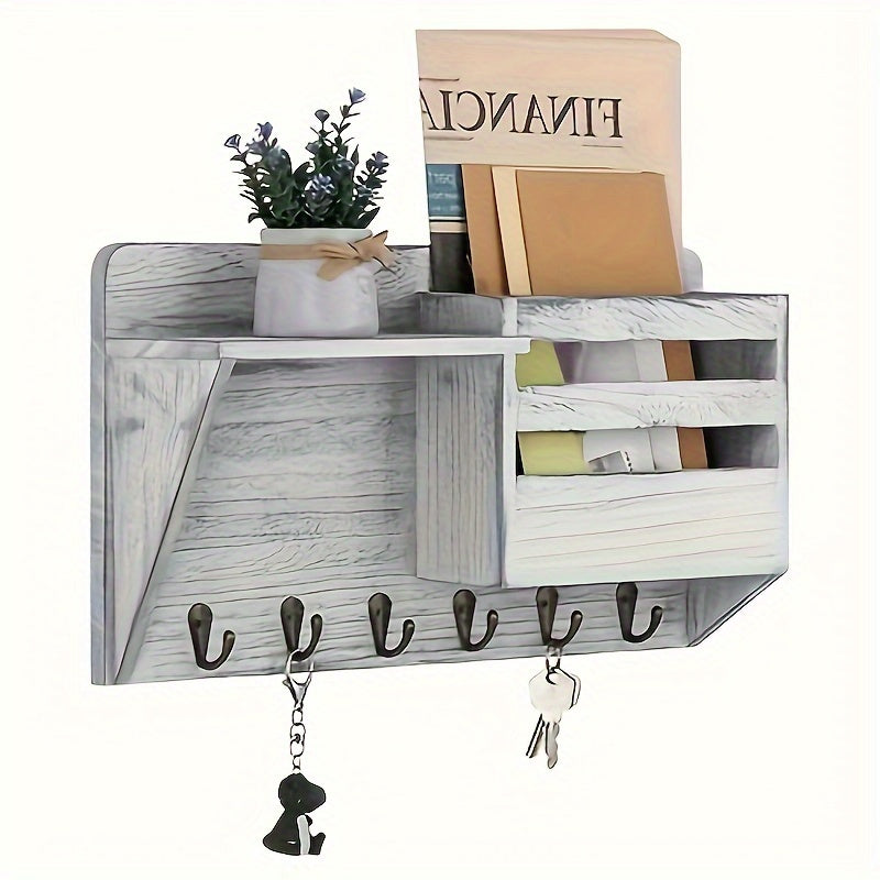 Wall Mounted Mail Holder Wooden Key Holder Rack Mail Sorter Organizer with 6  Key Hooks and A Floating Shelf Rustic Home Decor for Entryway or Mudroom