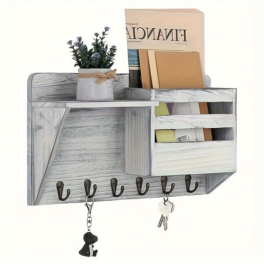 Wall Mounted Mail Holder Wooden Key Holder Rack Mail Sorter Organizer with 6  Key Hooks and A Floating Shelf Rustic Home Decor for Entryway or Mudroom