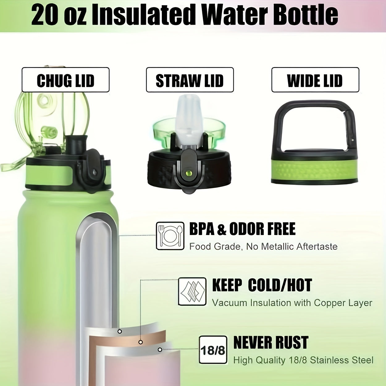 12/20oz Insulated Bottle with 3 Lids Green Pink Color