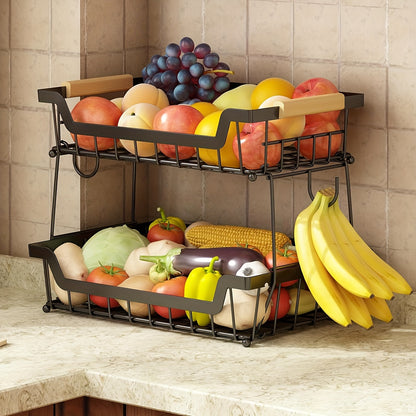 2 Tier Countertop Fruit Basket with 2 Banana Hangers for Kitchen, Detachable Metal Organizer for Bread Vegetable Fruits with Wooden Handle, Large Capacity Rectangular Storage Stand Bowls, Black