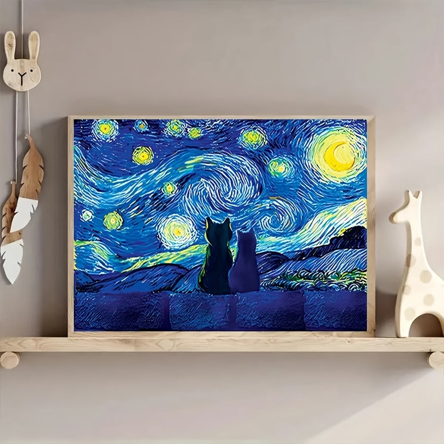 1pc Art Canvas Painting With Framed, Starry Night Cat Painting Spiral Night Starry Sky Canvas Wall Art Painting, Colorful Abstract Farmhouse Aesthetic Room Wall Decor