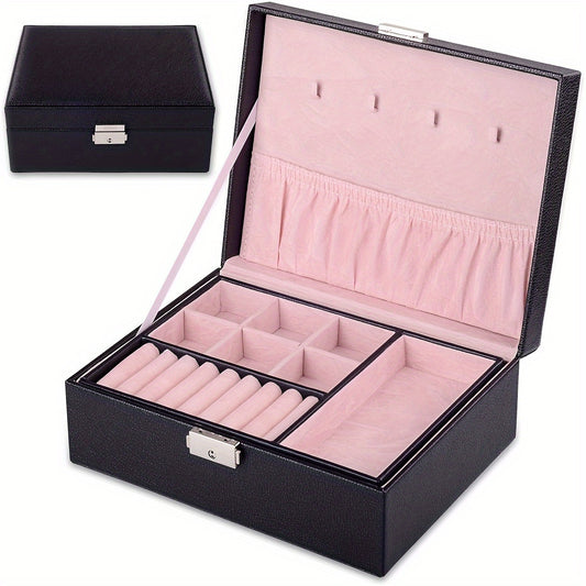 2 Trays Black Leather Travel Jewelry Box Case Storage Organizer with Lock LJT004BK