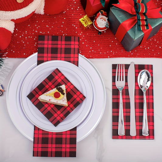100Pack Christmas Napkins Disposable - 3ply Paper Christmas Napkins with Red and Black Checkered Pattern Premium Quality Dinner Napkins for Mother's Day
