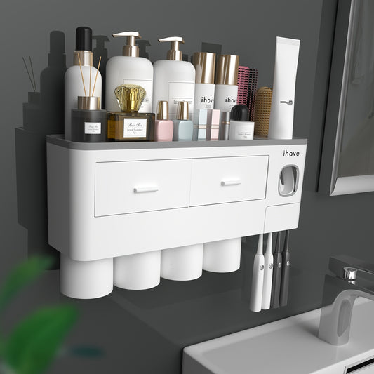 2/3/4 Cup Toothbrush Holder & Toothpaste Dispenser Set - Stylish Bathroom Organizer with Large Capacity Tray, Cosmetic Drawer & Space-saving Design, Effortless Installation for Modern Decor