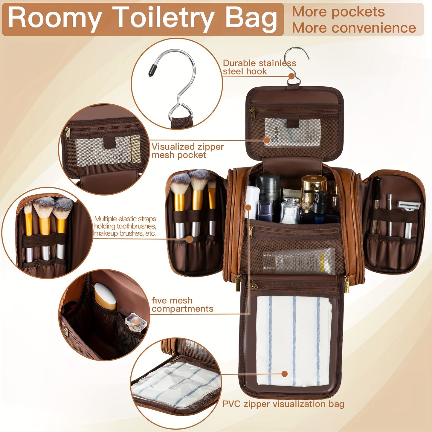 1pc, Travel Hanging Toiletry Bag with a Waterproof Bonus Bundle Pocket, PU Leather Toiletries Organizer, Water-resistant Bathroom Shaving Kit for Cosmetics, Makeup Case,  Brown