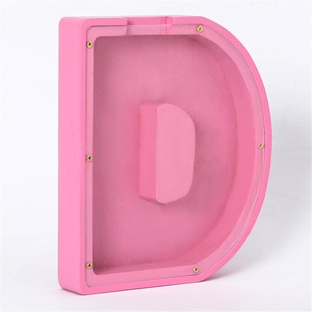 Wooden Letter Piggy Bank,Personalized Creative Twenty-Six English Alphabet Storage Tank,Coin Bank Perfect Decor,Unique Gift or Savings Money Box for Kids with Sticker for DIY (E-Pink)