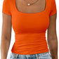 Womens Summer Sexy Short Sleeve Square Neck Double Lined Basic Slim Fit Crop T Shirt