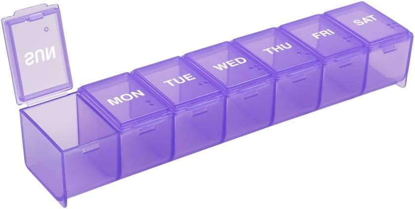 Weekly (7-Day) Pill Organizer, Vitamin Planner, and Medicine Box, Medium Compartments, Purple