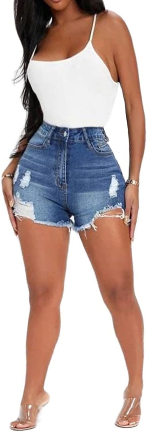 Women High Waisted Skinny Stretchy Denim Shorts Casual Summer Frayed Raw Hem Distressed Ripped Short Jeans-A