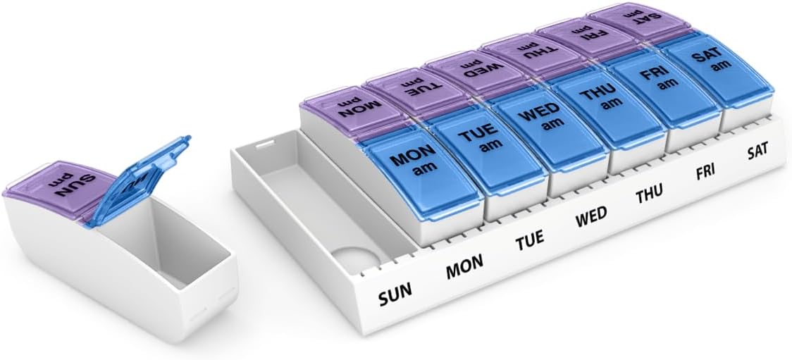 (7-Day) AM/PM Pill Organizer, Vitamin and Medicine Box, Small Pop-out Compartments, 2 Times a Day, Blue and Purple Lids