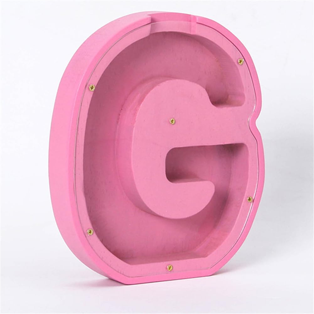 Wooden Letter Piggy Bank,Personalized Creative Twenty-Six English Alphabet Storage Tank,Coin Bank Perfect Decor,Unique Gift or Savings Money Box for Kids with Sticker for DIY (E-Pink)
