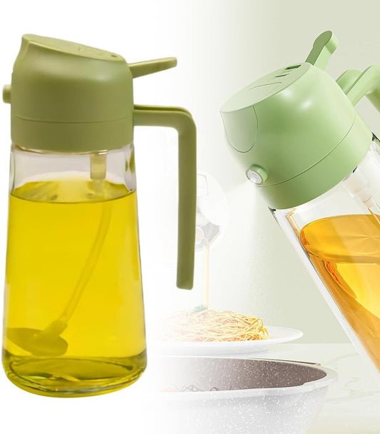 2 in 1 Glass Oil Sprayer & Dispenser, 2024 Upgrade Large 600ml/20Oz Olive Oil Dispenser Bottle for Kitchen, Food-grade Oil Spray Bottle for Cooking, Air Fryer, Frying, BBQ (Green, 470ml)