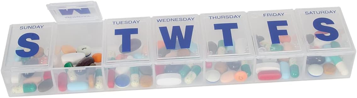 Weekly (7-Day) Pill Organizer, Vitamin Planner, and Medicine Box, Medium Compartments, Purple