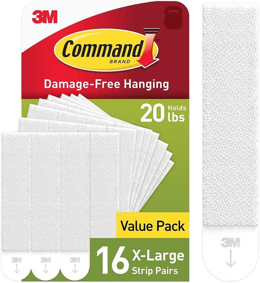 20 Lb XL Heavyweight Picture Hanging Strips, Damage Free Hanging Picture Hangers, Heavy Duty Wall Hanging Strips for Living Spaces, 16 White Adhesive Strip Pairs