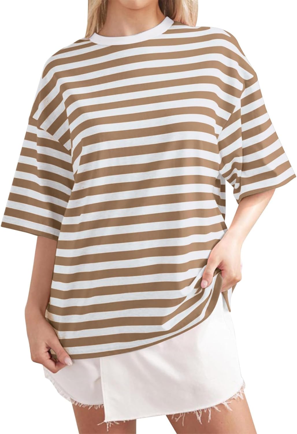Women Oversized Striped Color Block Shirt Short Sleeve Crew Neck T-Shirts Casual Loose Pullover Tops Summer Tee Tops