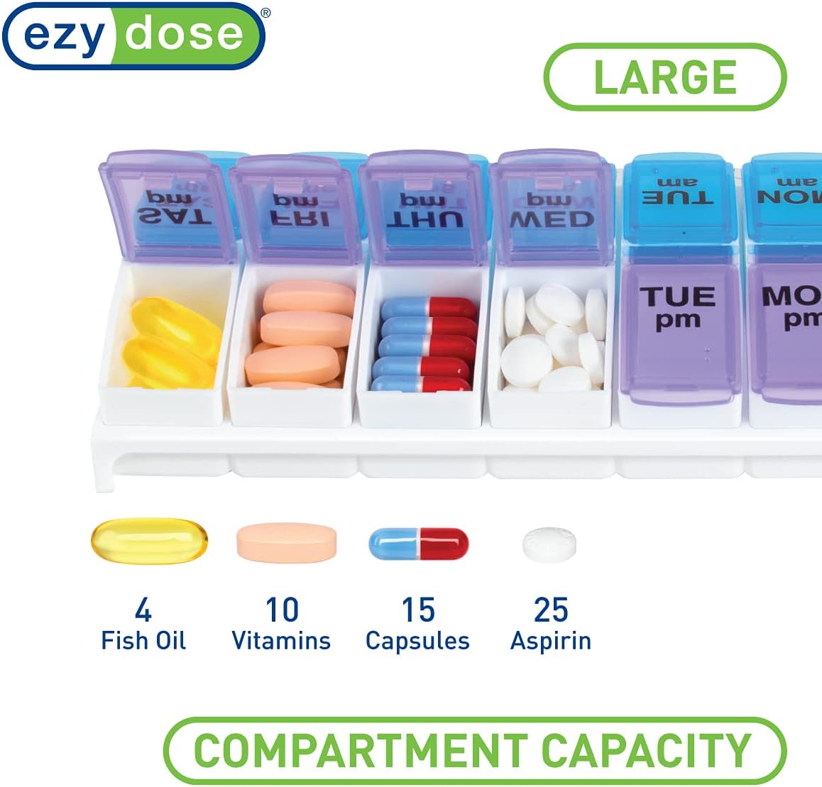(7-Day) AM/PM Pill Organizer, Vitamin and Medicine Box, Small Pop-out Compartments, 2 Times a Day, Blue and Purple Lids