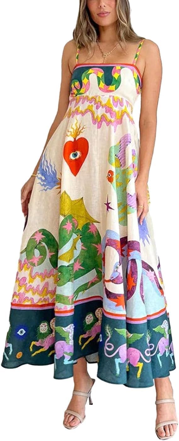 Women Floral Dress 2024 Boho Flowy Going Out Slip Dress Y2k Graffiti Spaghetti Strap Picnic Sun Dress