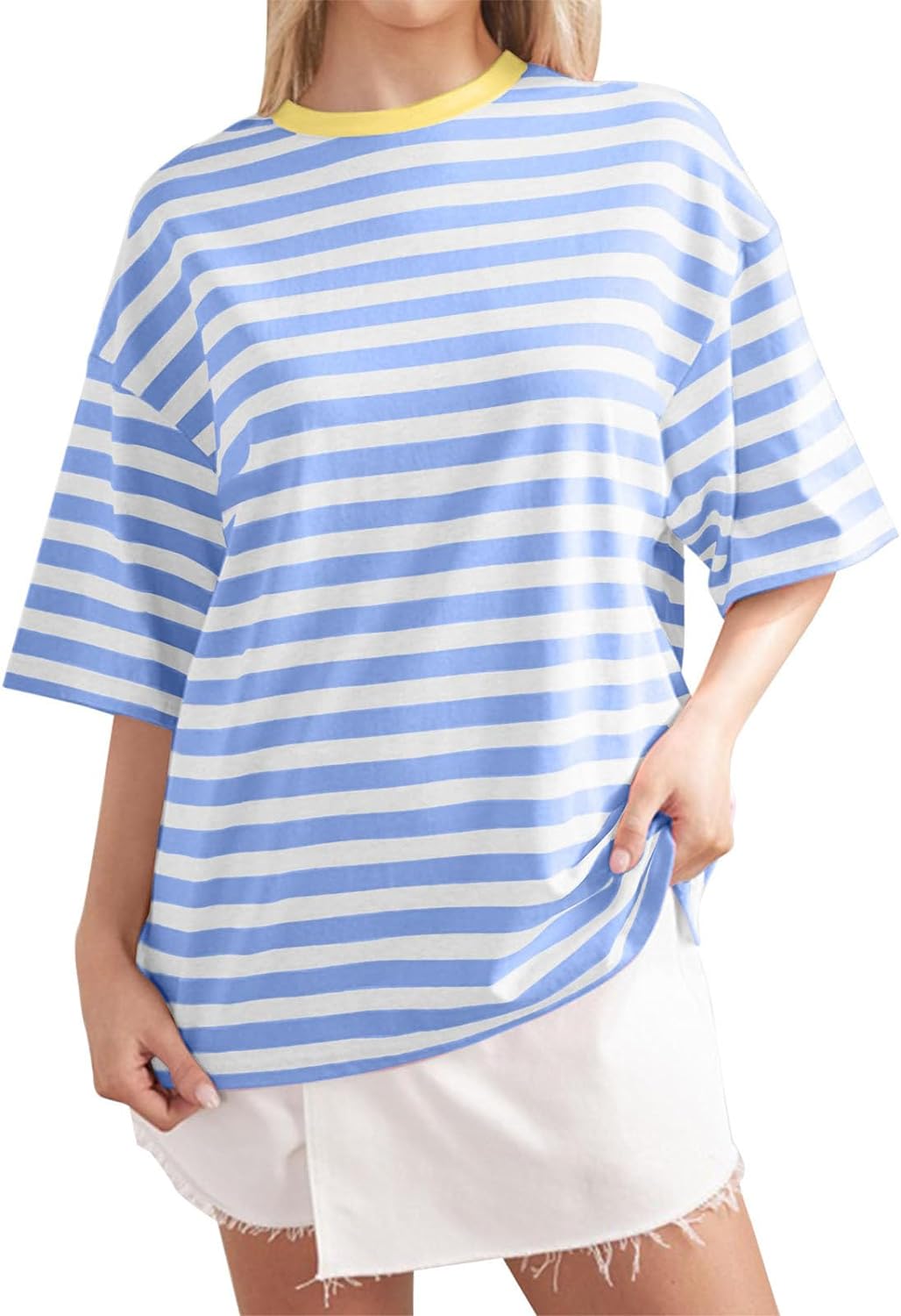 Women Oversized Striped Color Block Shirt Short Sleeve Crew Neck T-Shirts Casual Loose Pullover Tops Summer Tee Tops