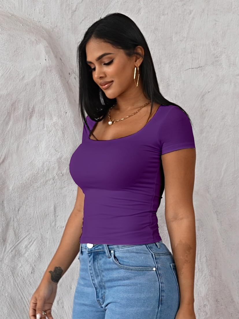 Womens Summer Sexy Short Sleeve Square Neck Double Lined Basic Slim Fit Crop T Shirt