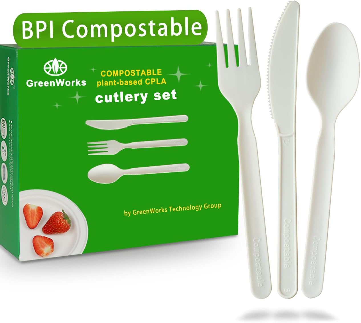 150 Count 7" Heavy-duty Compostable Utensils,50 Forks 50 Spoons 50 Knives Cutlery Set,BPI Certified Large Disposable Flatware Set