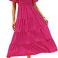 Women's 2024 Summer Dresses Square Neck Puff Short Sleeve Casual High Waist Flowy A Line Smocked Ruffle Midi Dress
