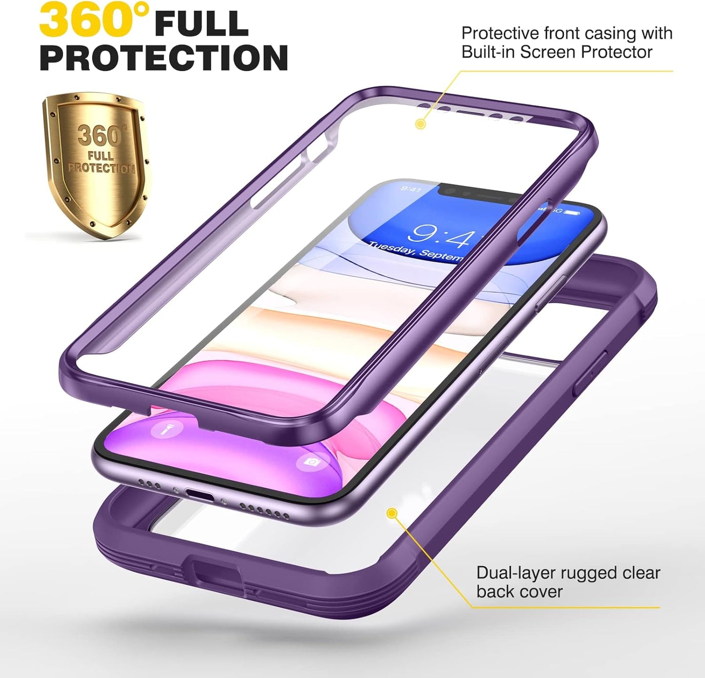 with iPhone 11 Case, Full Body Rugged Case with Built-in Touch Sensitive Anti-Scratch Screen Protector, Soft TPU Bumper Case Clear Compatible with iPhone 11 6.1" (Purple and Clear)