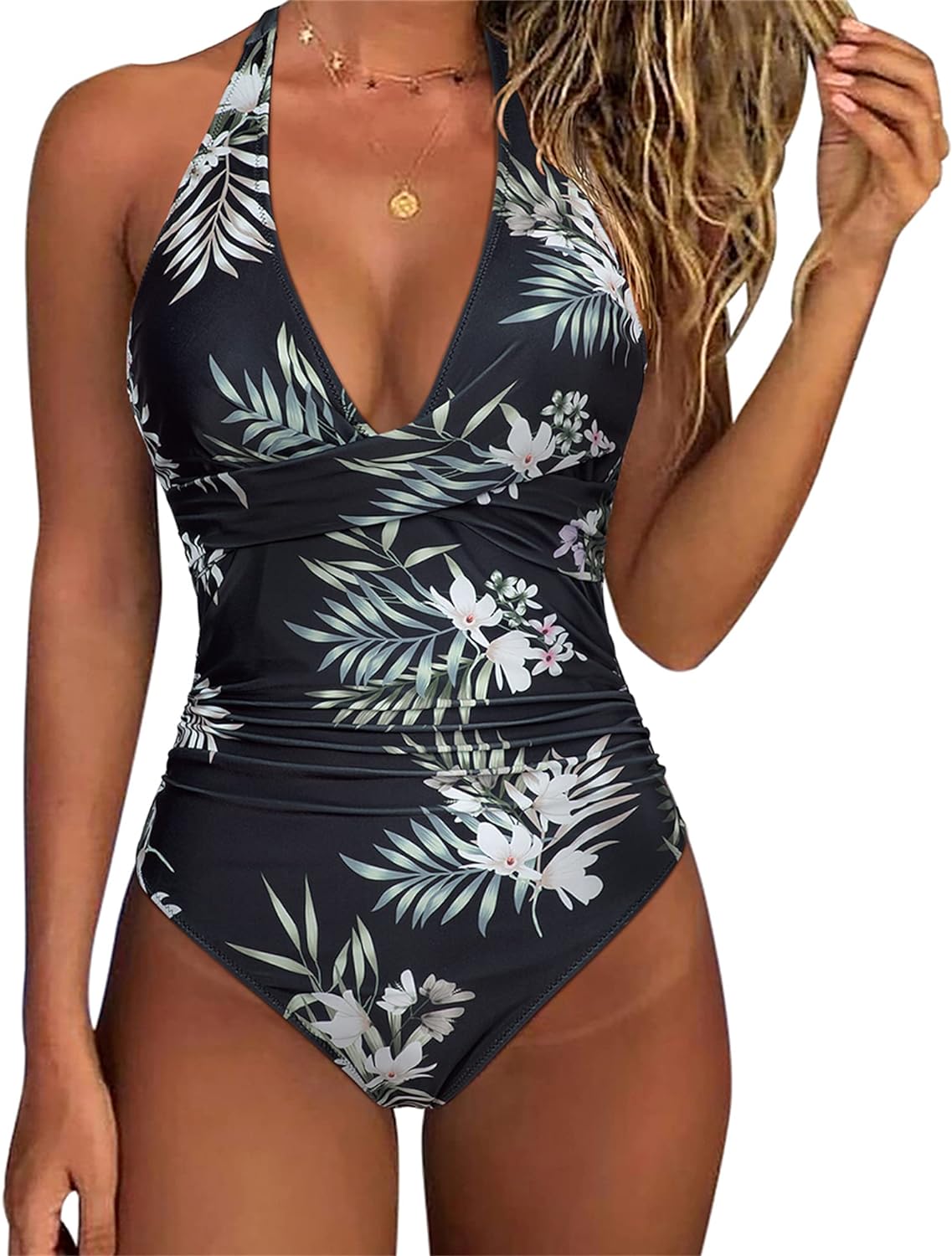 Women Sexy Tummy Control One Piece Swimsuits Halter Push Up Bathing Suits-A