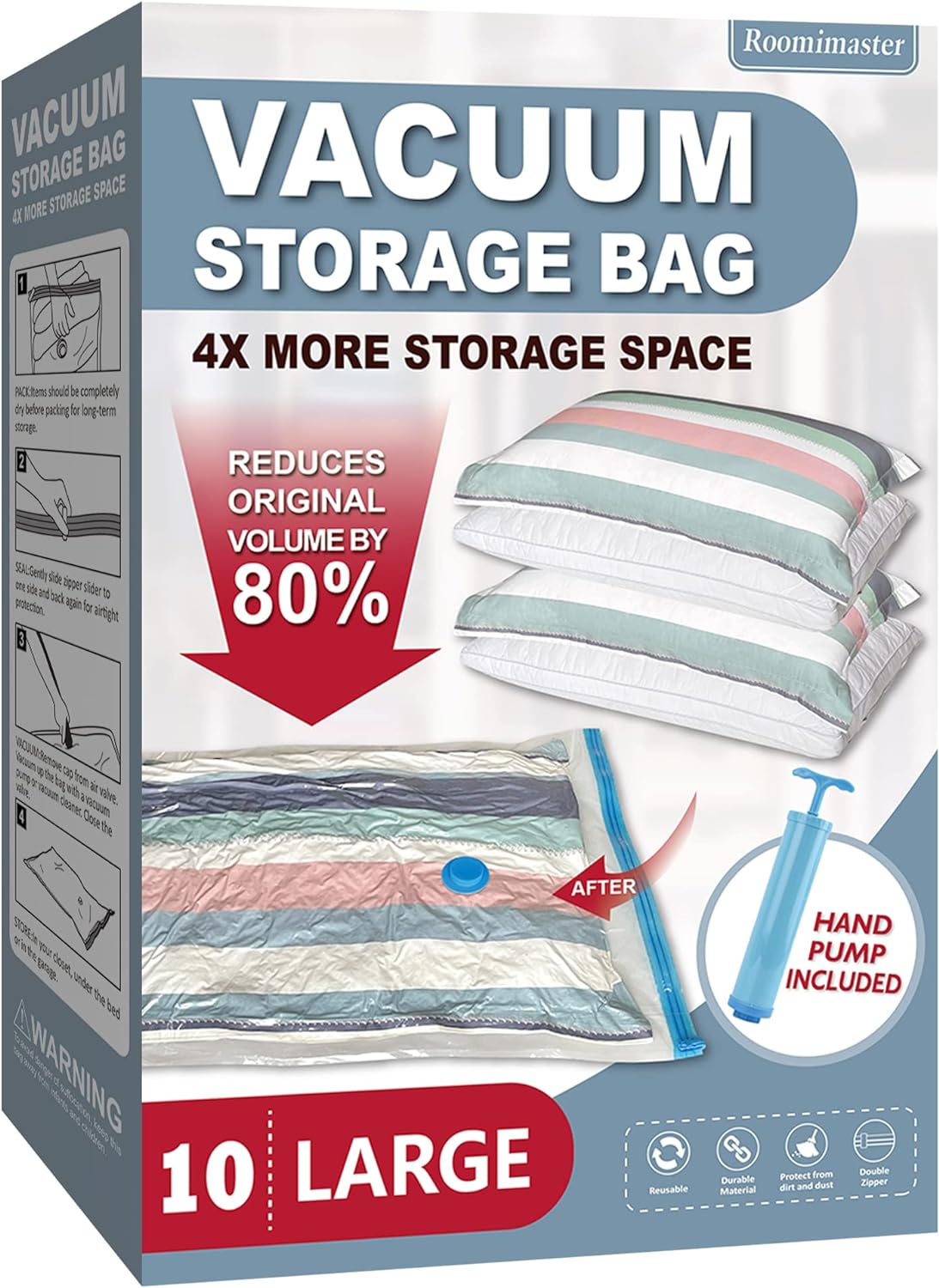 Vacuum Storage Bags, 10 Jumbo Space Saver Bags Vacuum Seal Bags with Pump, Space Bags, Vacuum Sealer Bags for Clothes, Comforters, Blankets, Bedding-A