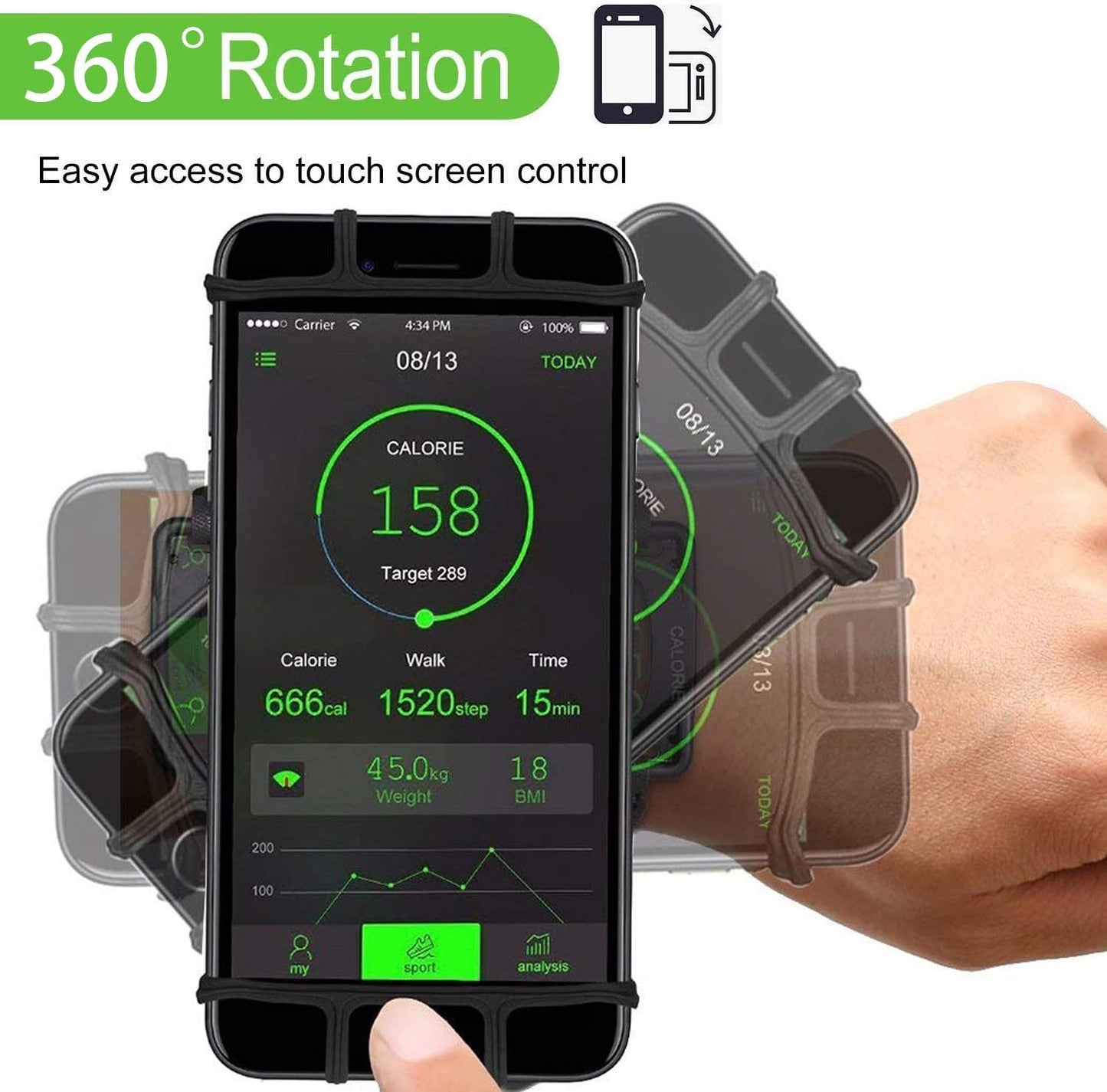 Wristband Phone Holder,HCcolo 360°Rotatable Universal Sports Wristband for iPhone X/8 Plus/8/7/6s,Galaxy S9 Plus/S9/S8 & Other 4”-6.5”Smartphone,Running Armband for Hiking Biking Walking (Wrist)