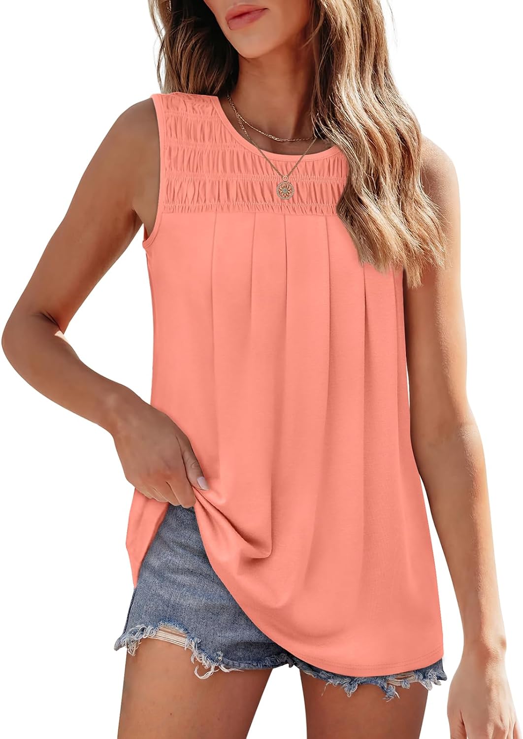 Womens Tank Tops Summer Pleated Crew Neck Sleeveless Tops for Women Ruched Loose