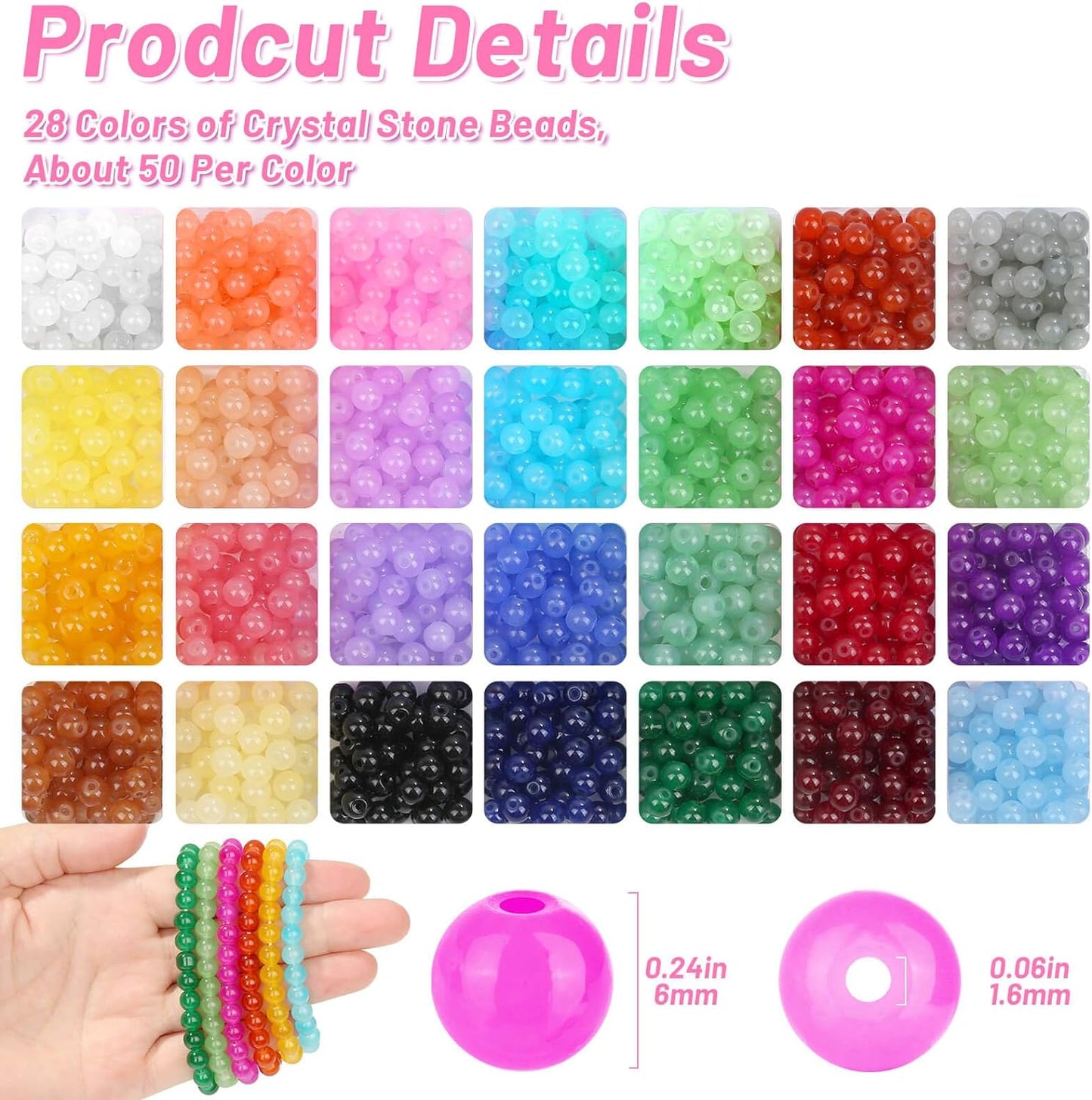 1400 Pieces 6mm Round Glass Beads for Jewelry Making, 28 Colors Crystal Beads for Bracelets Jewelry Making and DIY Crafts(Solid Color)