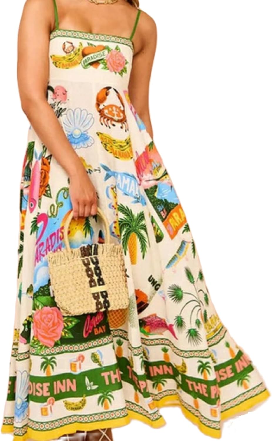 Women Cute Print Maxi Cami Dress Loose Sleeveless Spaghetti Strap Boho Dress Flowy Graffiti Long Aline Sun Dress