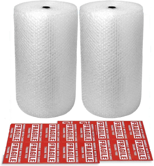 2-Pack Bubble Cushioning Nylon Wrap Rolls, 3/16" x 12" x 72' ft Total, Perforated Every 12", 20 Fragile Stickers for Packaging, Shipping, Mailing