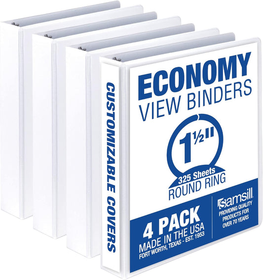 1.5 Inch 3 Ring Binder, Made in the USA, Round Ring Binder, Customizable Clear View Cover, White, 4 Pack (MP48557)
