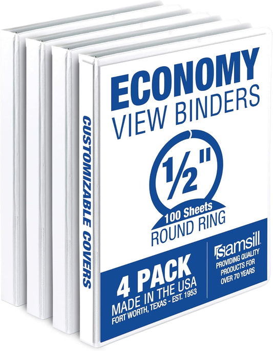 0.5 Inch 3 Ring Binder, Made in the USA, Round Ring Binder, Customizable Clear View Cover, White, 4 Pack (MP48517)