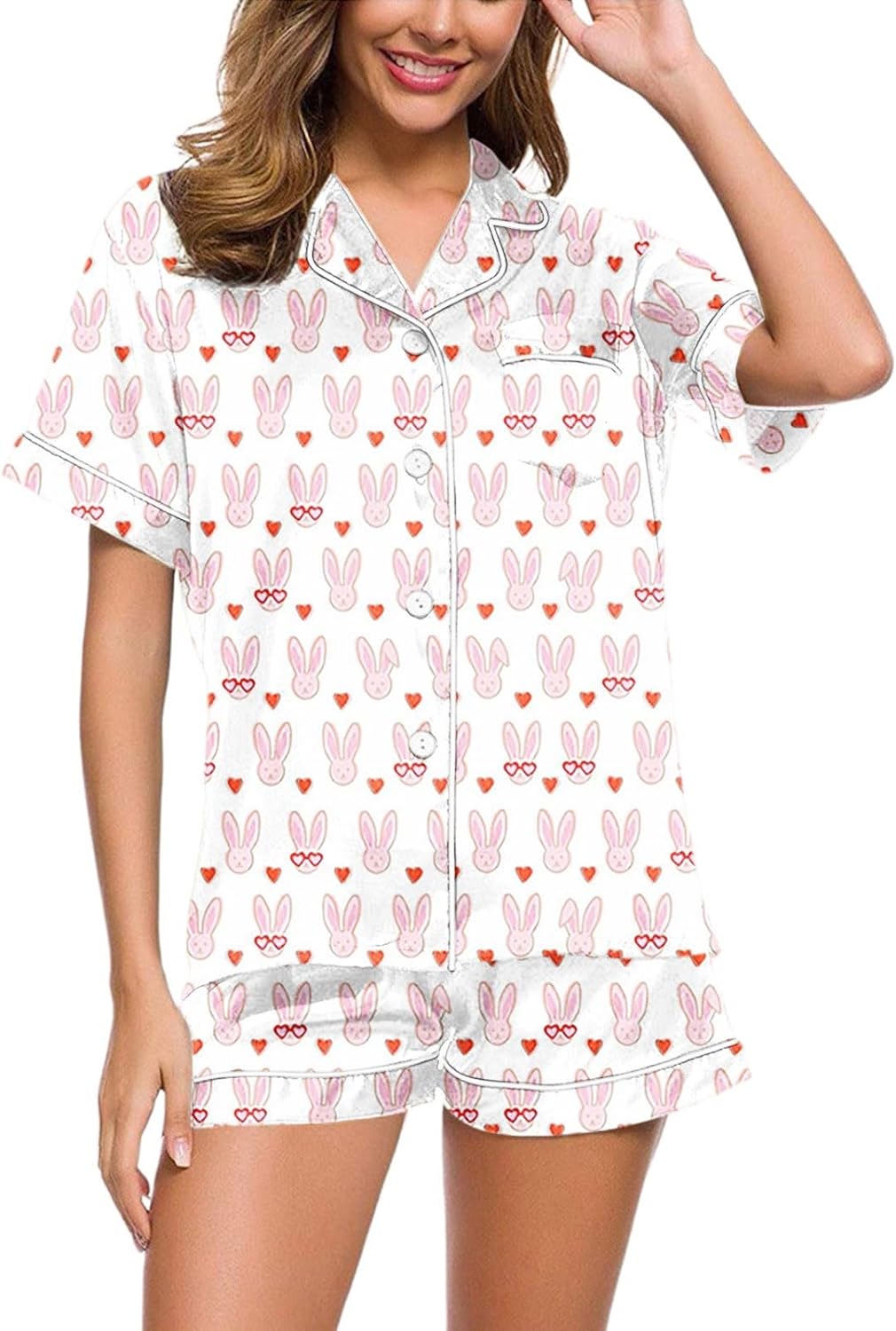 Womens Y2k Pajamas Set 2 Piece Button Down Monkey Shorts Set Roller Dupes Rabbit Preppy Loungewear Pjs