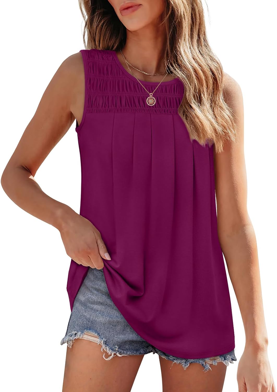 Womens Tank Tops Summer Pleated Crew Neck Sleeveless Tops for Women Ruched Loose