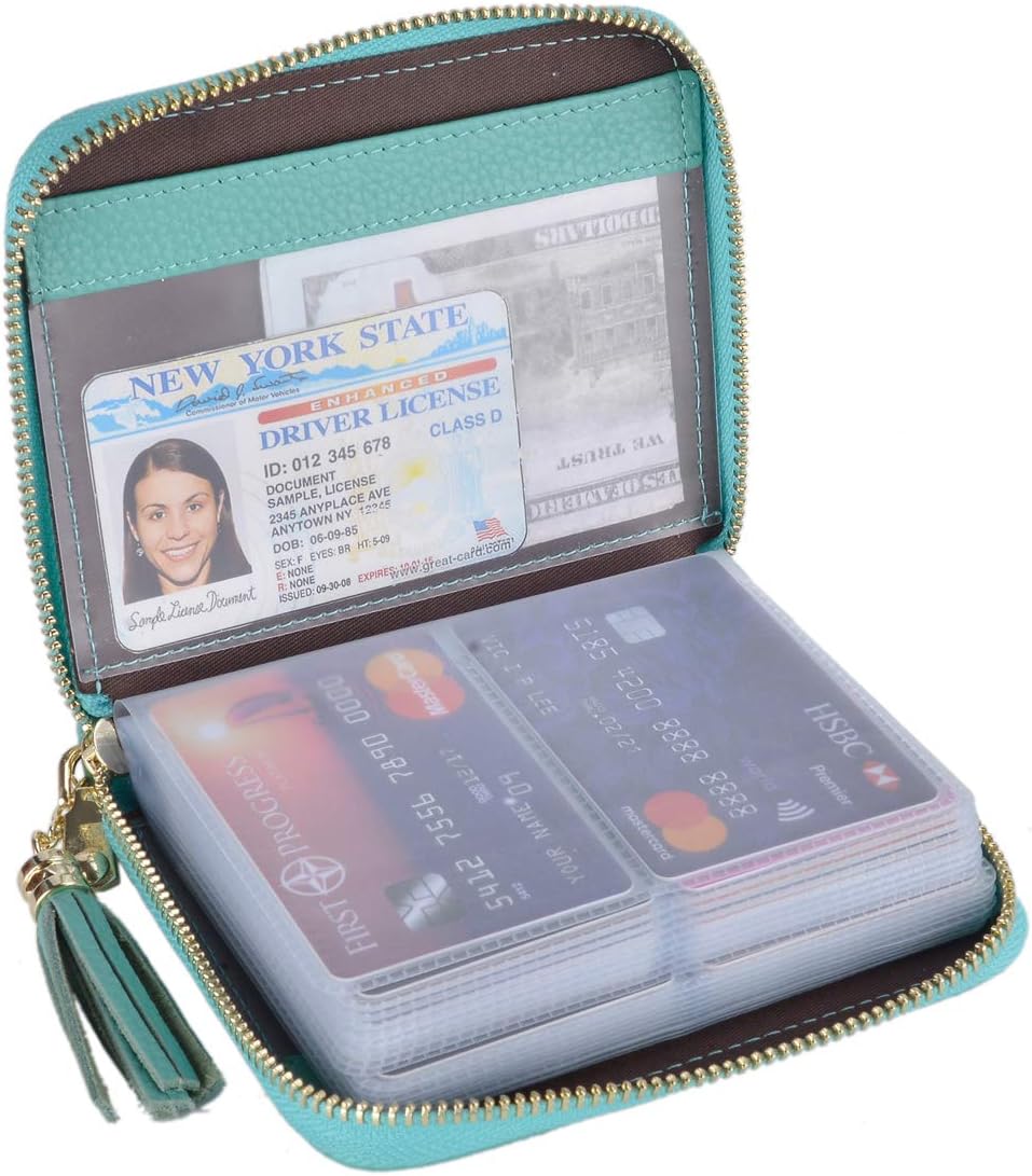 Womens Credit Card Holder Wallet Zip Leather Card Case RFID Blocking (Black)