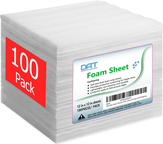 100 Pack Foam Sheets, DAT 12" x 12", 1/16" Thickness, Foam Wrap Cushioning Material, Moving Supplies for Packing Storage and Shipping