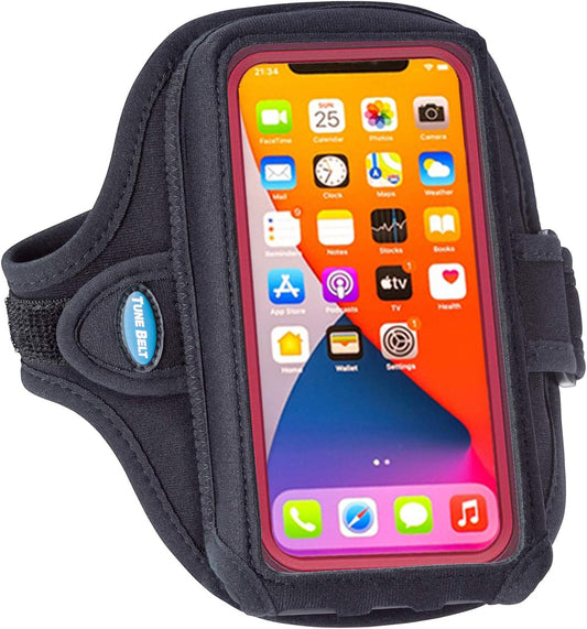 Tune Belt AB92 Cell Phone Running Armband Holder Case for iPhone 15 Pro Max, 14/15 Plus, 11/12/13/14 Pro Max, 11/XR/XS Max and Galaxy Note/Plus/Ultra (Extra Depth fits Large Case) - Black