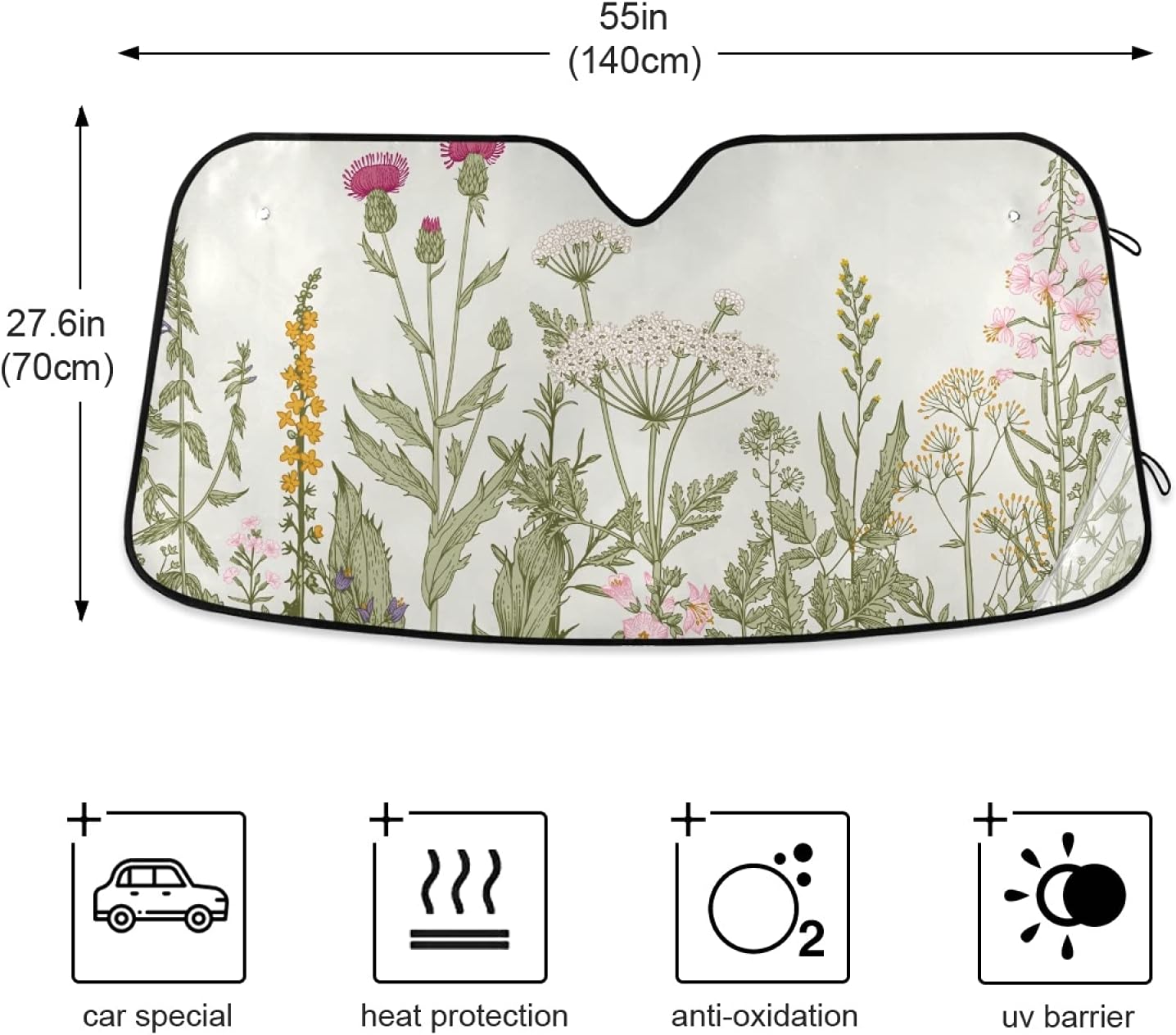 xigua Vintage Colorful Herbs Wild Flowers Floral Car Windshield Sunshade Foldable Front Window Sun Visor Protector for Car,SUV,Truck - Keep Vehicle Cool,55 x 27.6 Inch