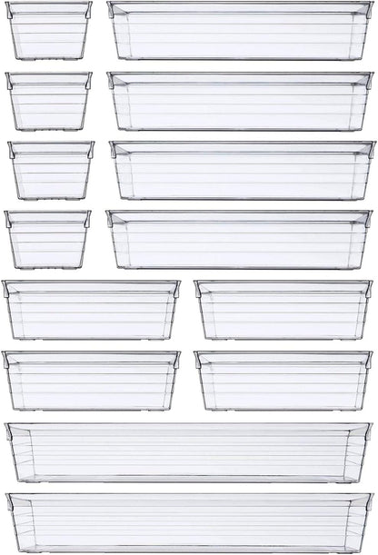 14 PCS Clear Plastic Drawer Organizer Tray for Makeup, Kitchen Utensils, Jewelries and Gadgets