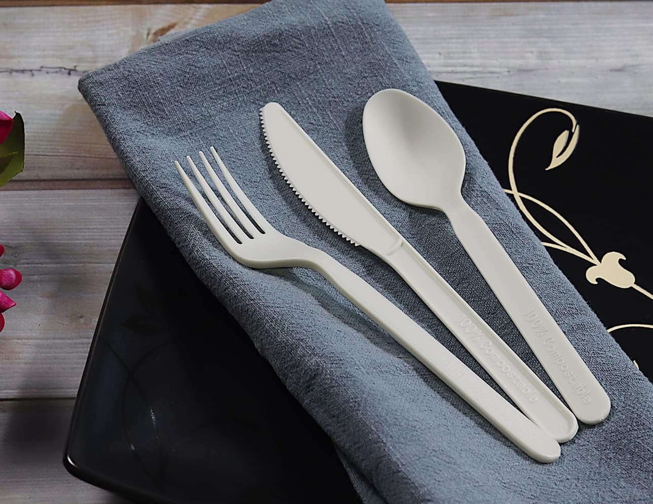 150 Count 7" Heavy-duty Compostable Utensils,50 Forks 50 Spoons 50 Knives Cutlery Set,BPI Certified Large Disposable Flatware Set